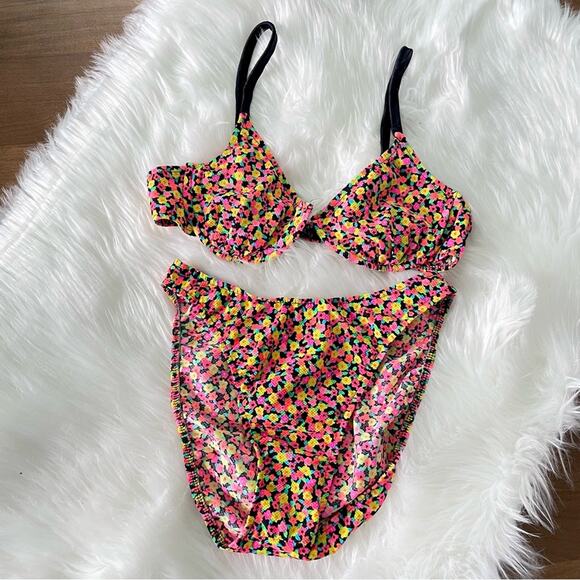 Vintage | Riviera Sales Corp Floral Neon High Waist Bikini Swimsuit Swim Bathing - Picture 1 of 8